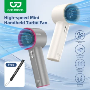 GOOJODOQ High Speed Handheld Fan Powered Portable Quiet Operation Adjustable Speeds LED Display Battery USB Mobile Fans