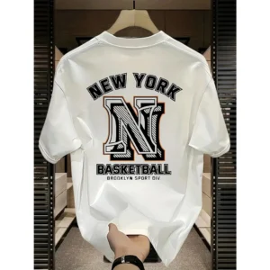 Men's Heavyweight 190gsm Cotton T-Shirt - Relaxed Fit Short Sleeve Tee with NEW YORK Basketball Grap