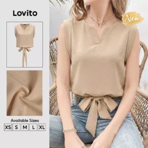 (New Arrival) Lovito Women Elegant Korean Sleeveless Round Neck Tie Front Texture Spring Summer Workwear Light Khaki Top