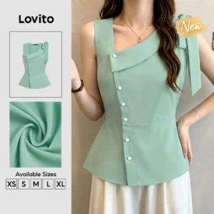 (New Arrival) Lovito Women Elegant Sleeveless Asymmetrical Neck Tie Front Button Spring Summer Workwear Light Green Top